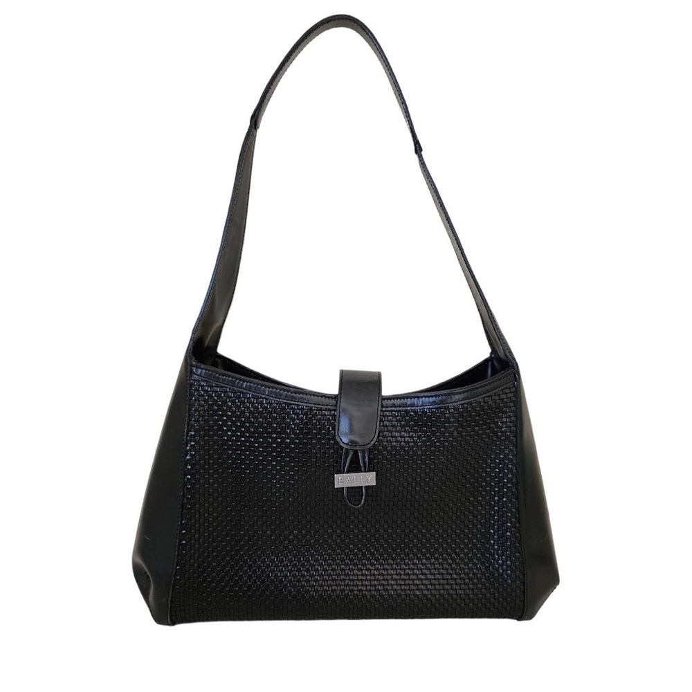 Bally Woven Leather Shoulder Bag Baguette Black Vintage